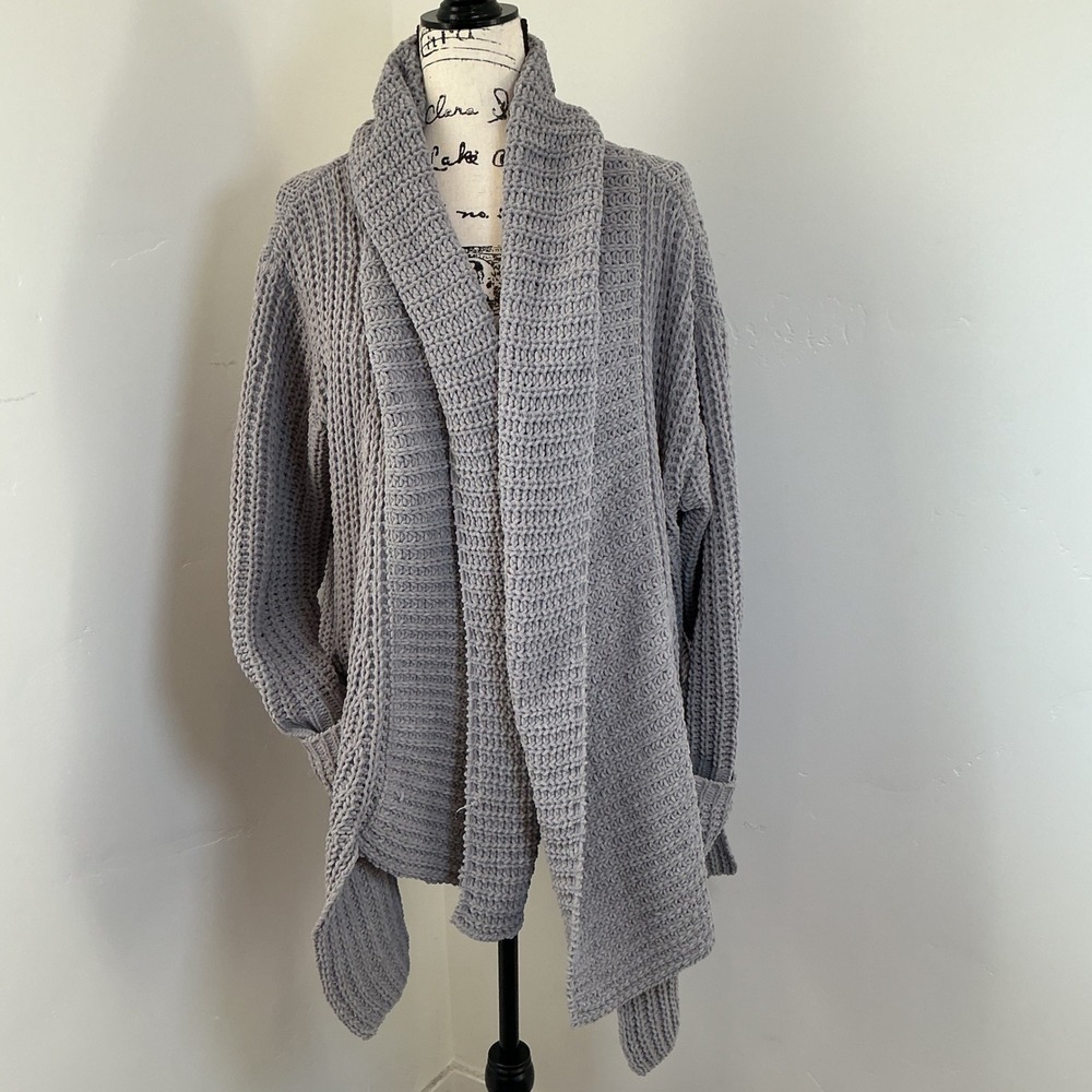 POL‎ Chenille Cardigan Sweater Womens M Gray Good Chunky Knit Open Front Shawl